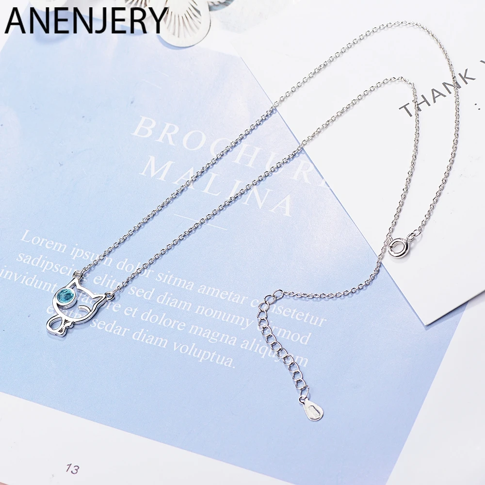 ANENJERY, милое, 925 пробы, серебряное, кошачье ожерелье для женщин, голубой кристалл, глаз, животное, цепочка, ожерелье S-N446