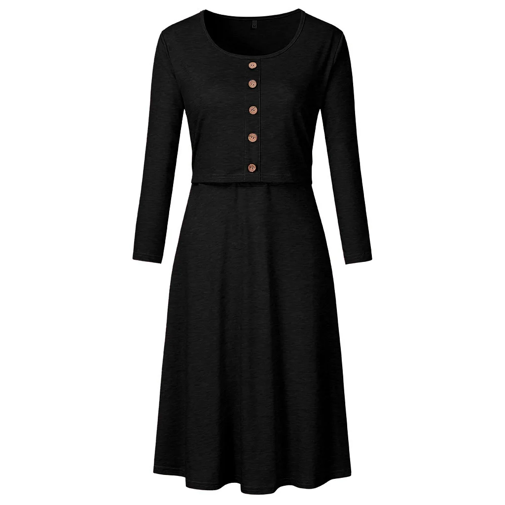 

Maternity dress fashion 2021 new round neck long sleeve maternity dress button decoration breastfeeding dress
