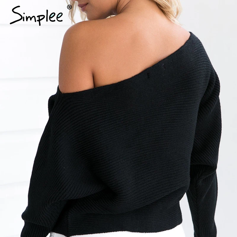 Simplee Off shoulder sexy elastic knitting pullover female Bat long sleeve knitted sweater women Fashion jumper pull knit shirt | Женская