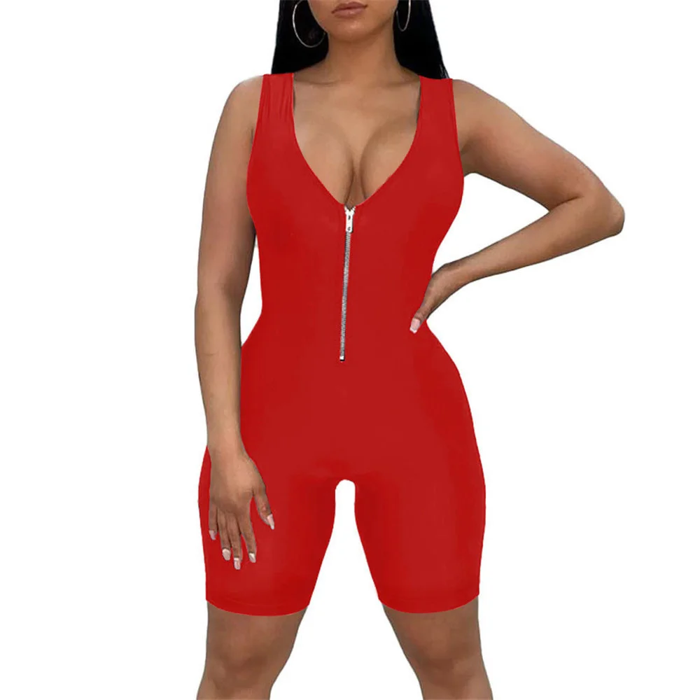 

Sexy Playsuit Women Zip Up Jumpsuits For Women Sleeveless V Neck High Waist Black Rompers Bodycon Jumpsuit Shorts Clothing
