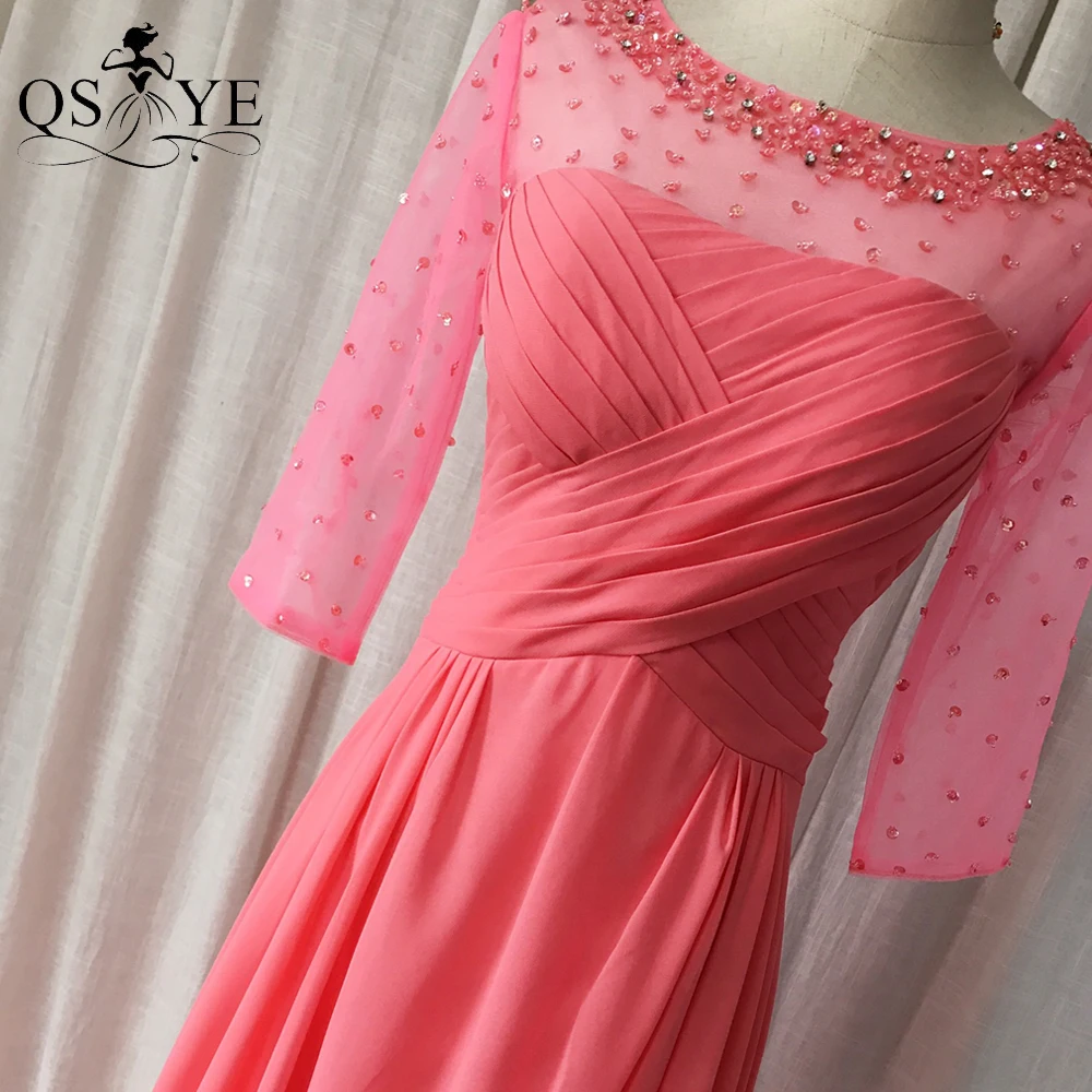 

Long Sleeves Pink Dress Prom Chiffon Beadings Evening Dress Ruched Party Gown Tulle Formal Dress Girl Wedding Guest Gown