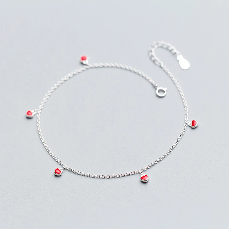 Trustdavis 925 Real Sterling Silver Fashion Women's Jewelry 5 Red Heart 21cm Sweet Anklets For Women Sterling Silver DS600
