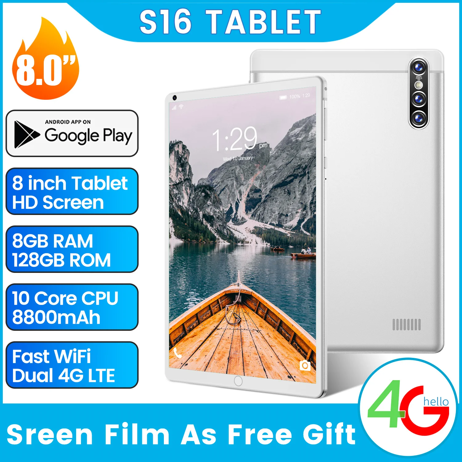 

Global Version S16 Tablet 8.0 Inch Full Screen 12+256GB 8MP+13MP MT6797 10 Core 8800MAH Android10.0 GPS Google Gaming Office
