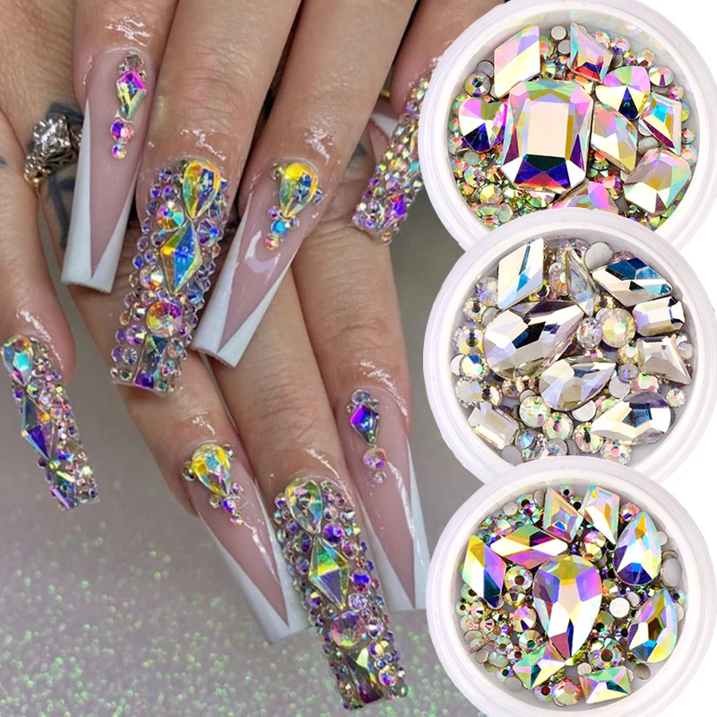 

1 Box Nail Art Rhinestones Clear Black White Glitter Crystal Flat Bottom Nail Back Diamond Mixed Shape DIY 3D Nail Decorations