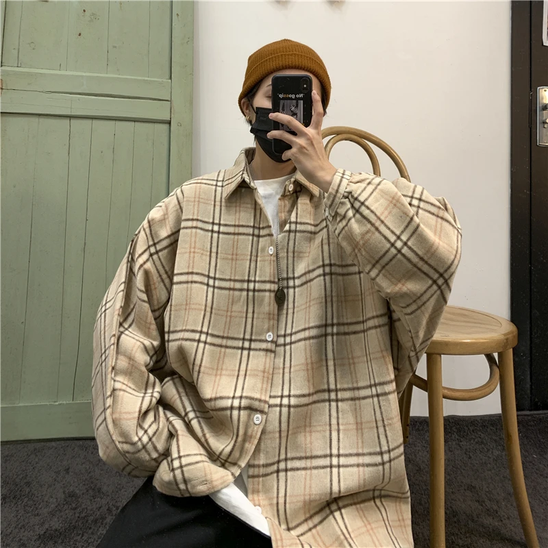 Мужская свободная рубашка с длинным рукавом утепленная тканевая в клетку