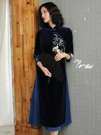 Синее бархатное длинное платье qipao Vietnam ao dai с вышивкой|qipao styles|cheongsam stylecheongsam |