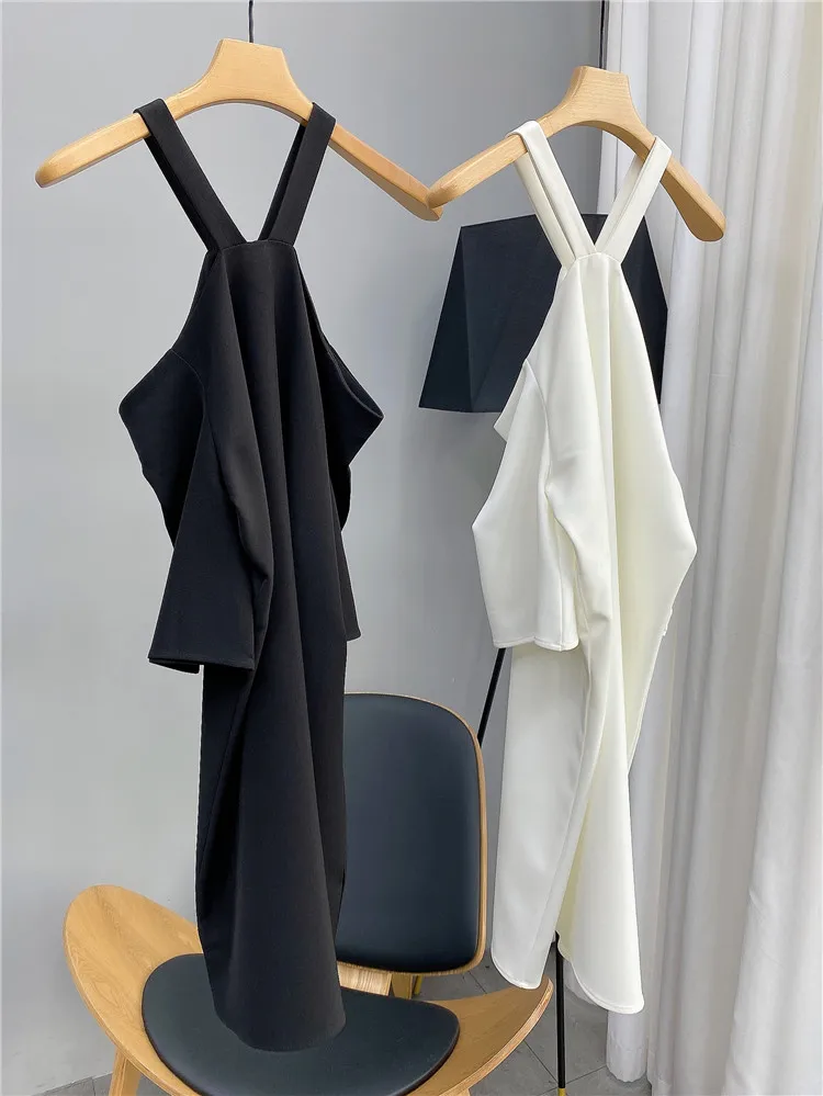 

2021 Summer New Off-Shoulder Spaghetti Straps Mid-length Dress Women Fashion Light Luxury High-End Elegant Short Sleeve Dress