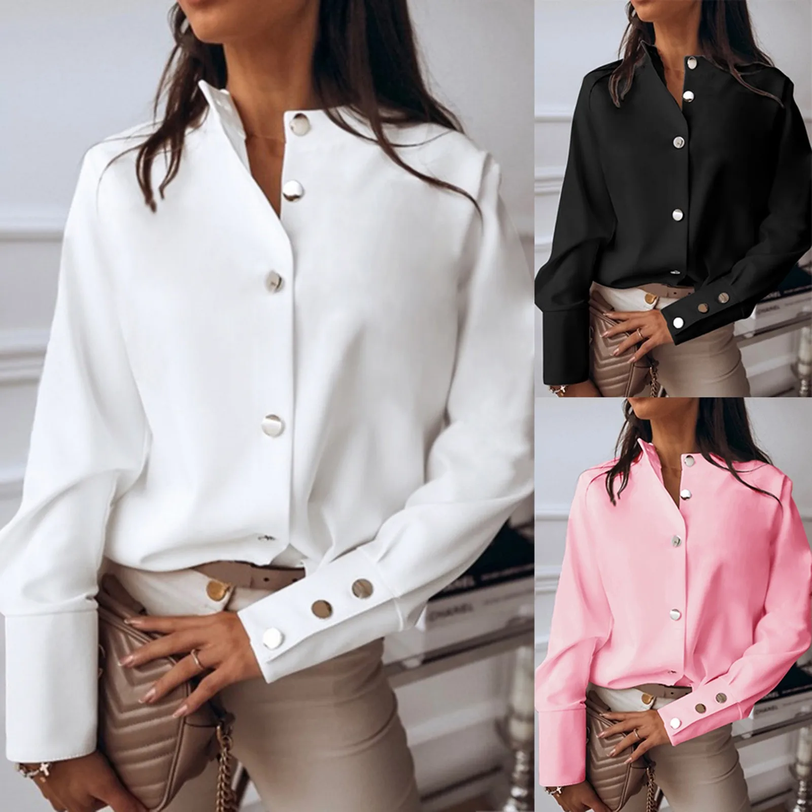 

2021 Casual Women Shirt Blouse Stand Collar Long Sleeve Metal Button Solid Office Lady Shirt Summer Female Shirt Top Blusas Muje