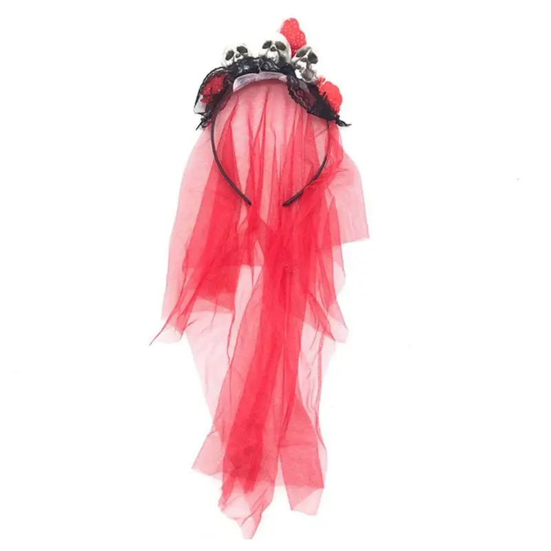 

Halloween Ghost Bride Skull Rose Flower Headband Day of The Dead Horror Crown Cosplay Multicolor Mesh Veil Headpiece