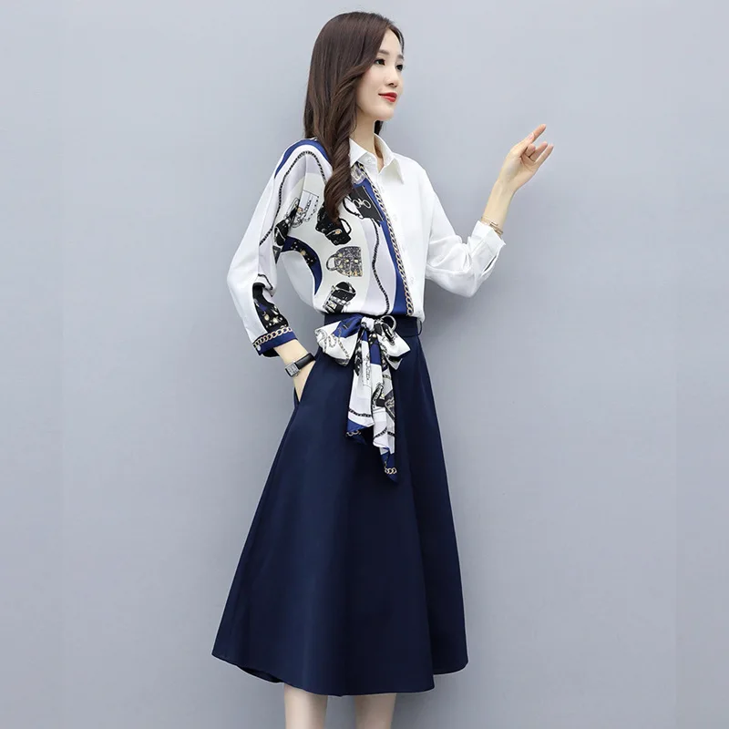 

White Two Piece Midi Dress Autumn Casual Offoce 2021 Korean Vintage Plus Size Shirt Dresses Women Elegant Bodycon Party Vestidos