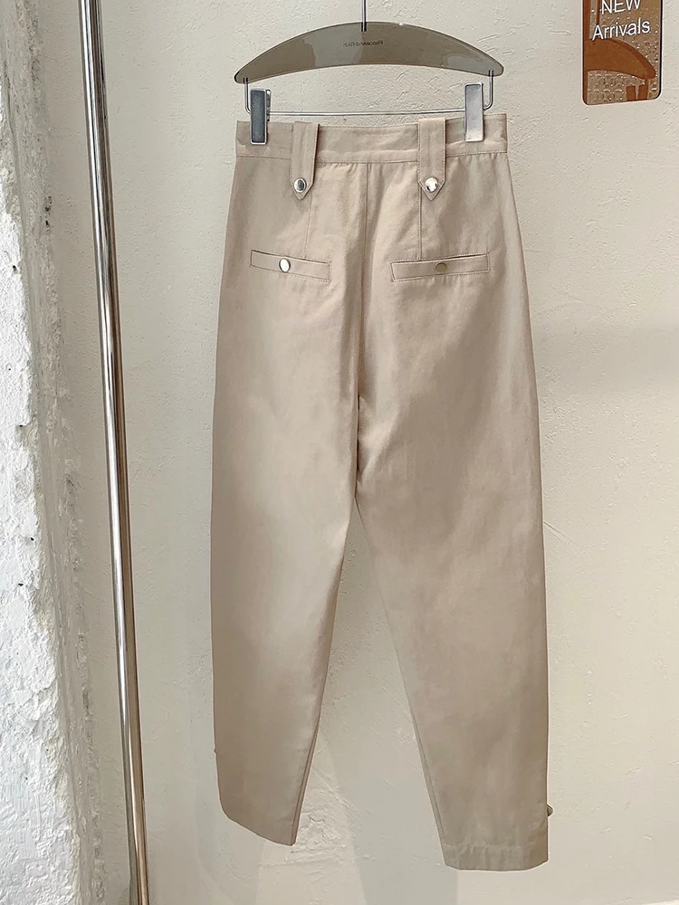 

French Triangle Metal Buckle Pocket Design High Waist Corset Casual Trousers Spring 2021 Women Clothing Khaki Tapered Overalls