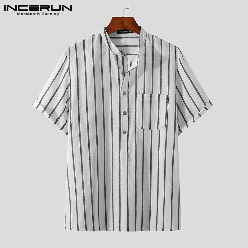 

Summer Men Shirt Striped 2021 Stand Collar Short Sleeve Pockets Casual Men Clothing Streetwear Retro Leisure Camisas INCERUN 5XL