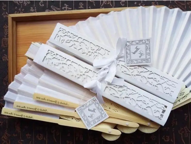 

100 Pcs/lot Personalized Luxurious Silk Fold Hand Fan in Elegant Laser-cut Gift Box +party Favors/wedding Gifts+printing