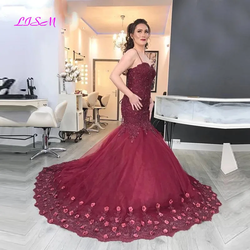

Burgundy 3D Flowers Lace Mermaid Evening Dress 2020 Sweetheart Straps Long Prom Party Dresses Vestidos De Festa