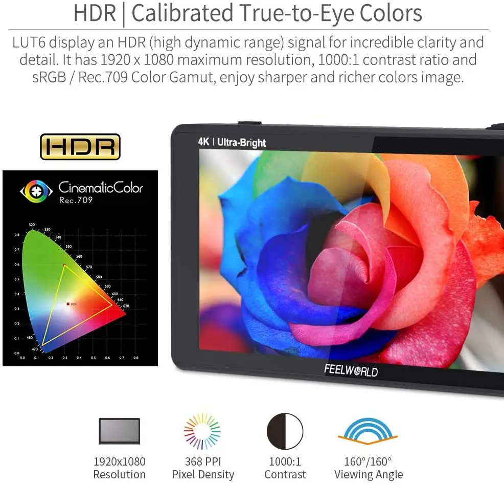 Verkauf FEELWORLD LUT6 6 Zoll 2600nits HDR 3D LUT Touchscreen DSLR Kamera Feld Monitor Mit Wellenform VectorScope Histogramm 4K HDMI