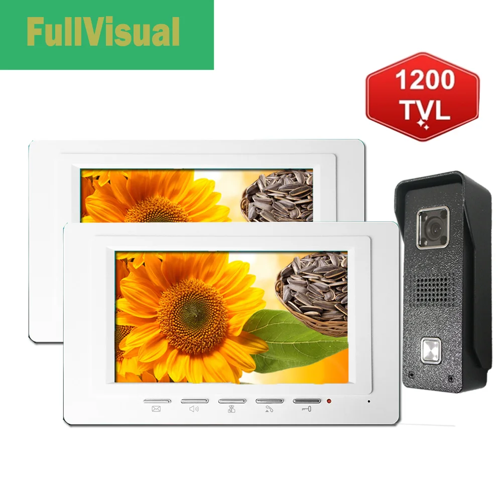 Fullvisual Video Deurtelefoon 2 Monitoren Wired 7 Inch Home Intercom Deur Toegangscontrole Kit Unlock Zwart/Wit Deurbel 1200TVL