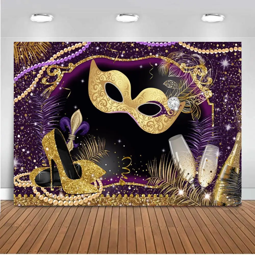 

Venice Carnival Party Mask Feather Ribbons Polka Dot Poster Photo Backdrop Photography Glitter Background Photocall Photo Studio