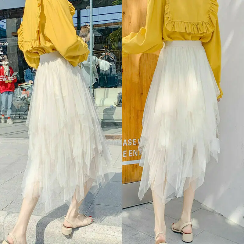 

Women Ladies High Waist Tulle Tutu Skirt Elastic Mesh Net Solid Layered Dress AU[Apricot,One Size]