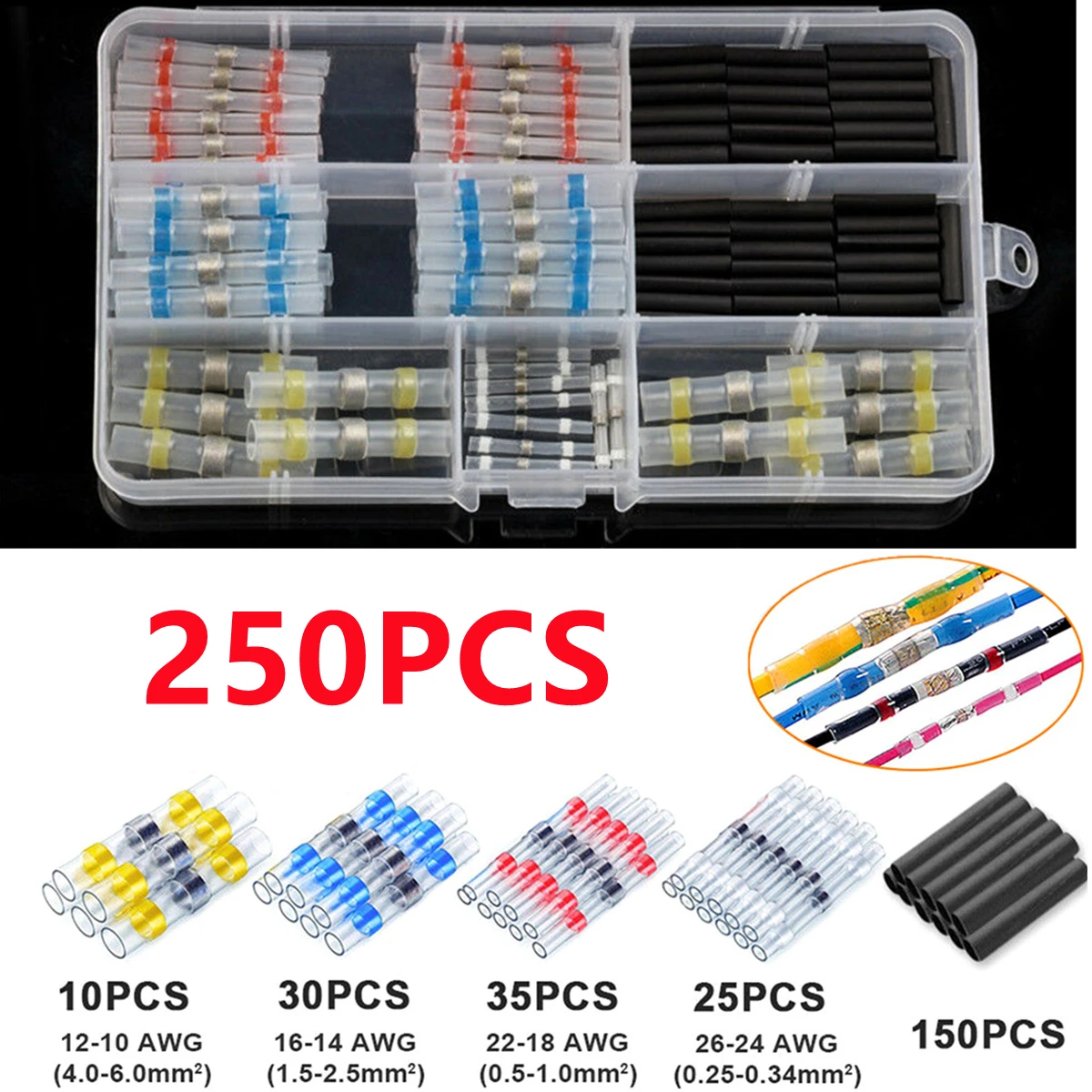

100/250PCS Heat Shrink Butt Connectors Waterproof Solder Seal Sleeve Tube Electrical Wire Insulated Tinned Copper Terminals Kit