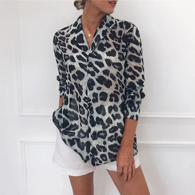 Женская рубашка с длинным рукавом и леопардовым принтом винтажная офисная