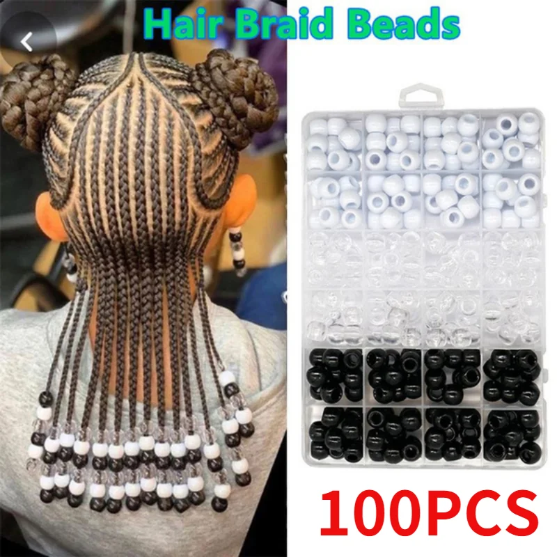 100pcs/set Black White Hair Beads Big Hole Dreadlock Beads Acrylic Transparent Braid Dreadlock Hair Braiding Accessories Kids
