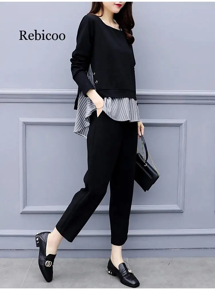 

Женский костюм-двойка в полоску, черный офисный комплект из топа с длинным рукавом и брюк-шаровары в Корейском стиле, 2019