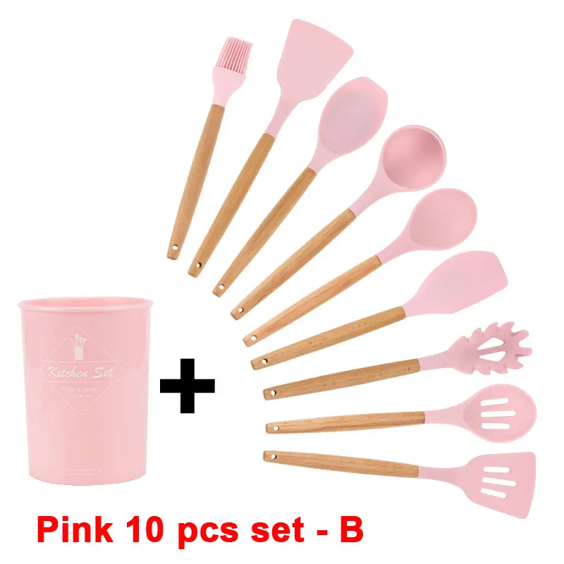 Pink 10 pcs set - B Набор кухонных силиконовых кухонных принадлежностей с антипригарным шпателем лопата с деревянной ручкой набор кухонных инструментов с ящиком для хранения кухонные инструменты - Цвет: Pink 10 pcs set - B