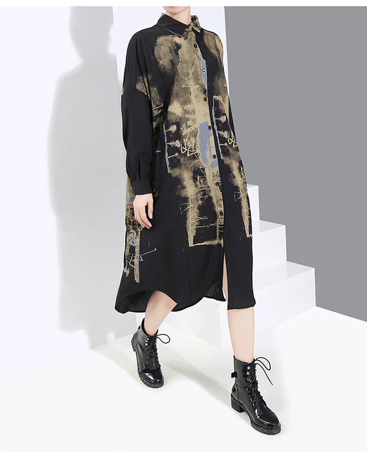 Новинка, корейский стиль, Женское зимнее винтажное платье-рубашка, длинный рукав, черный, красный, хаки, с принтом, для девушек размера плюс, прямое платье 5819