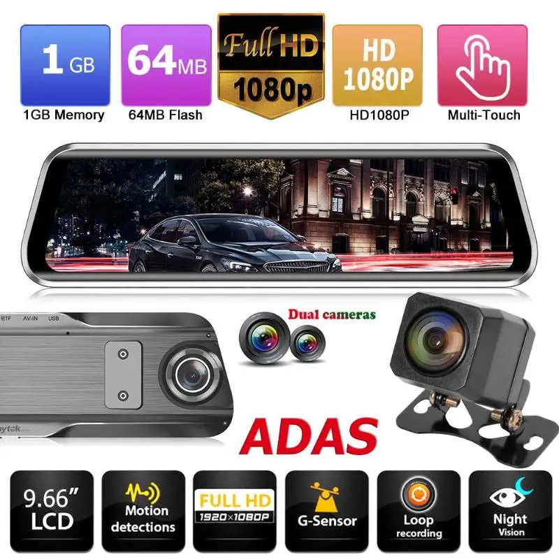 Anytek T900+ 9,6" полный экран потокового автомобиля зеркало заднего вида DVR Камера авто 1080P ADAS сенсорный экран видеорегистратор
