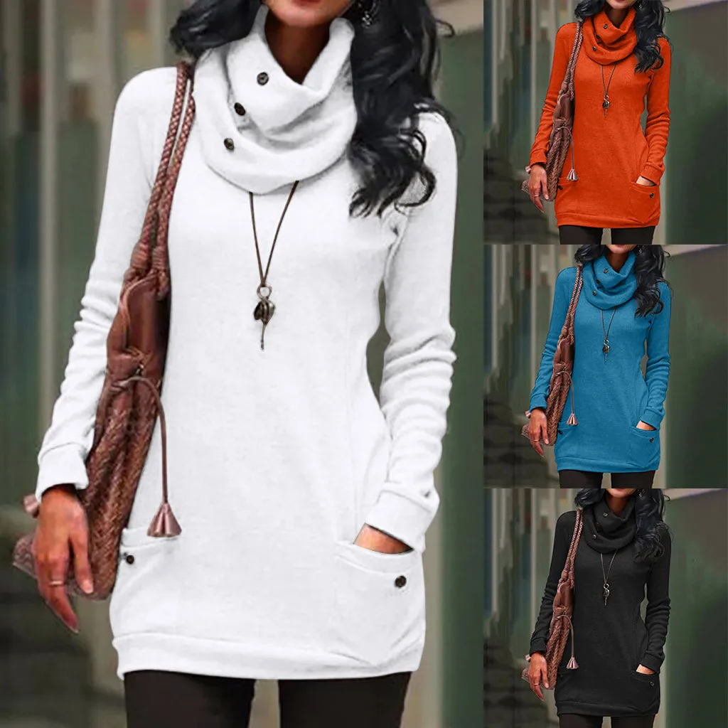 Женская теплая блузка с карманами Повседневная Зимняя Блузка высоким воротником