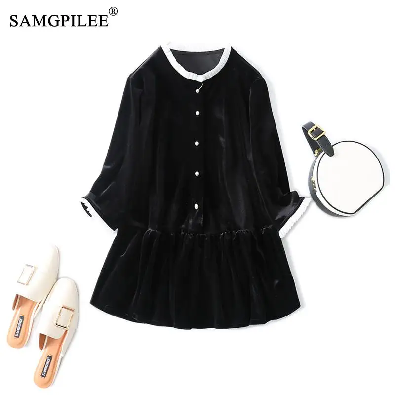 

Oversize Women T-shirt 2021 New Korean Style French Fashion Three Quarter Sleeves Black Gold Velvet Slim T-shirts For Womens