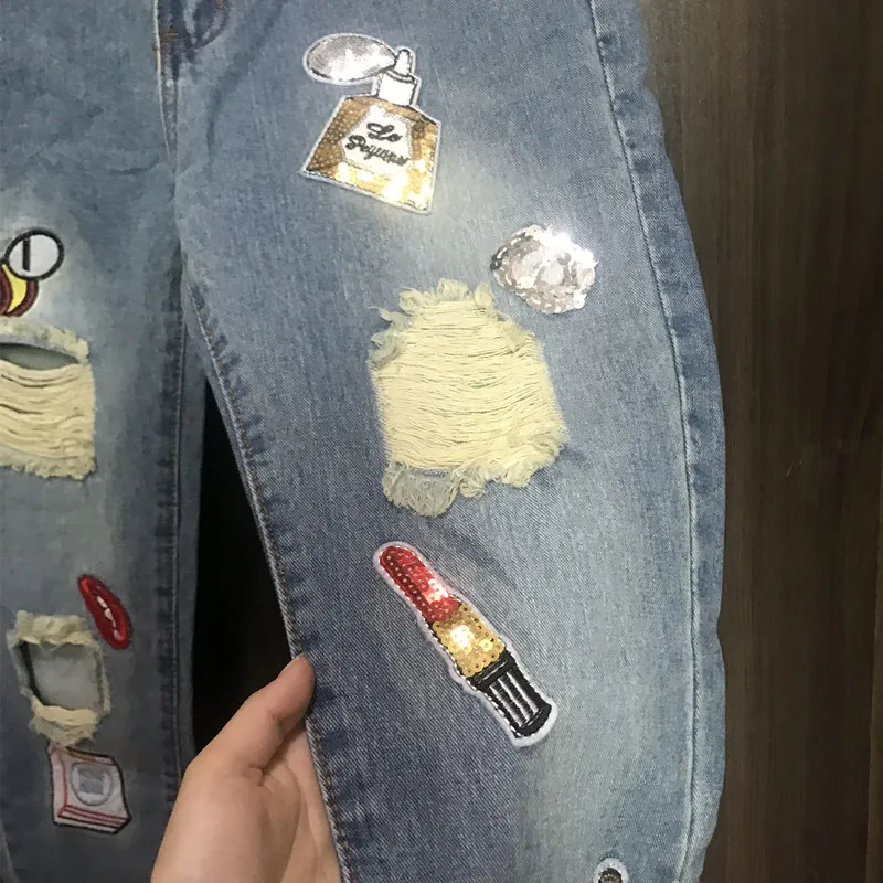 В наличии корейский стиль новые осенние модные женские джинсы с блестками