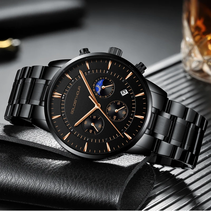 Часы наручные GOLDENHOUR Мужские кварцевые роскошные брендовые полностью стальные
