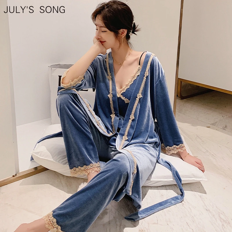 

Женский пижамный комплект JULY'S SONG, из 3 предметов, золотистая бархатная Пижама с синим поясом, на осень и зиму, 5 цветов, кружевная ночная рубаш...