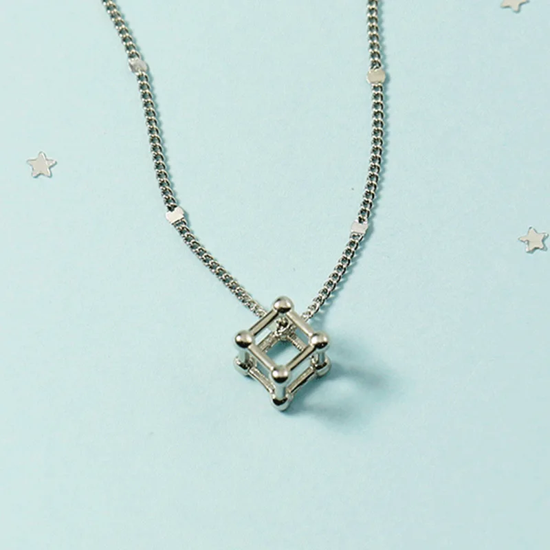 

925 Sterling Silver Creative Cube Geometry Chain Necklace Pendant For Woman Teenage Young Girl Jewelry Gift