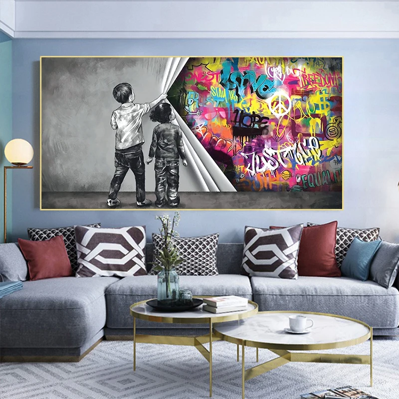

Two Childen Banksy Graffiti Pop Wall Art Canvas Painting Posters and Prints Modern Living Room Bedroom Home Decoration Pictures