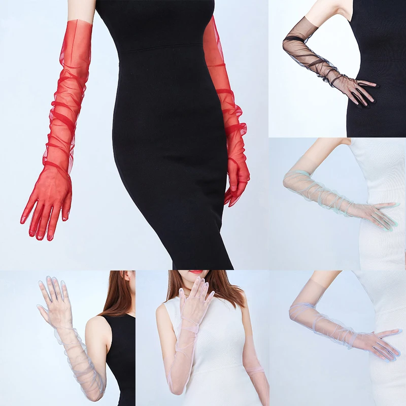 

Летние женские ультра-тонкие солнцезащитные перчатки для вождения, сексуальные однотонные кружевные перчатки, сетчатые длинные перчатки, ...