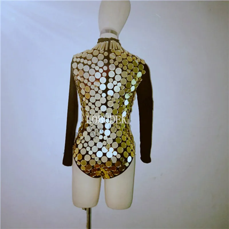 Women Mirrors Dance Costume Silver Gold Sequins Bodysuit Long Sleeve One Piece Nightclub Bar Jazz Stage Outfit For Singer Dancer