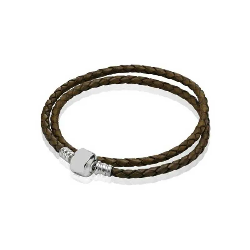 

Black Double Leather Bracelet 100% 925 Sterling Silver Dark Coffee Double Leather Bracelet Fit European Charms Diy Jewelry