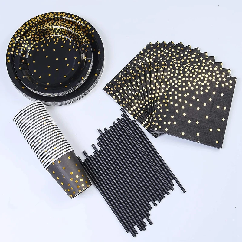 

Black & Gold Party Supplies for 24 Guests Party Tableware(Foil Paper Plates/Napkins Cups/Straws)for Anniversary/Birthday