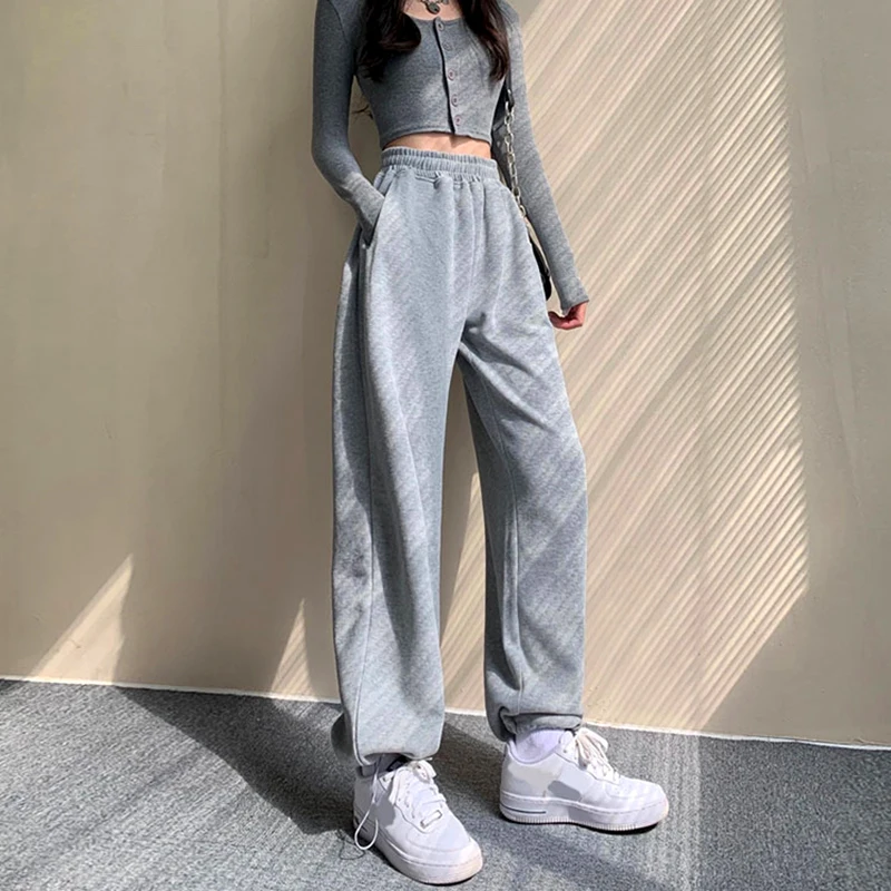 

Утепленные серые спортивные брюки с флисовой подкладкой женские осенне-зимние спортивные брюки с завышенной талией в Корейском стиле Ins