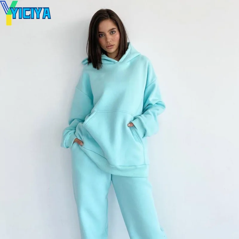 

YICIYA Women Solid Fleece Tracksuit And Hooded Jogger Pants Two Piece Set 2022 Winter Female Oversized Casual Sportswear Suit