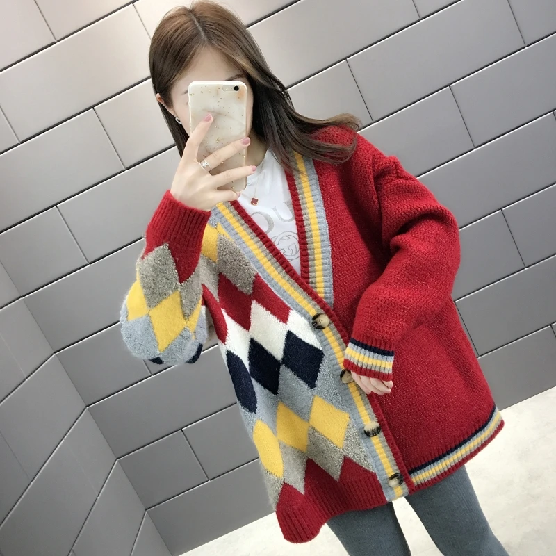 Модный женский длинный свободный кардиган в стиле пэчворк с капюшоном свитер