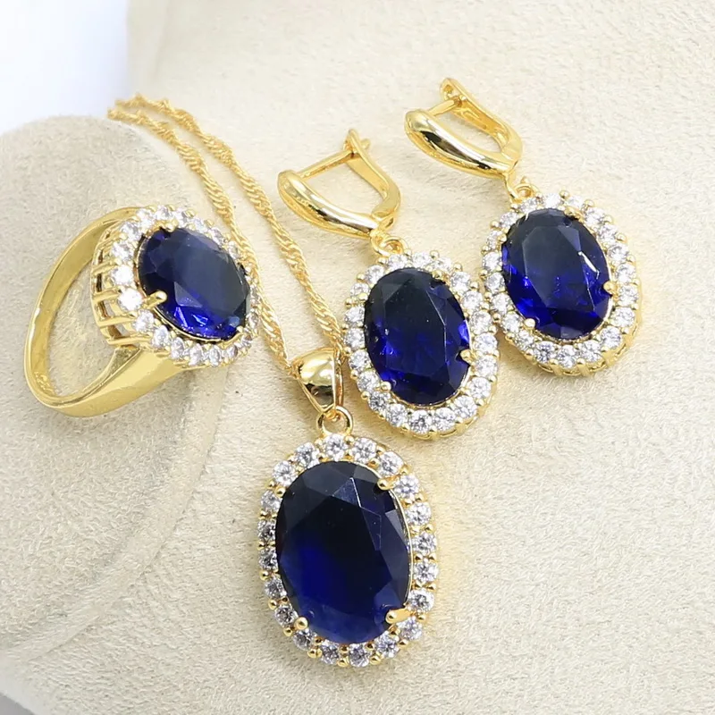 Classic Blue Big Oval Bridal Jewelry Set for Women Gold Color Bracelet Earrings Necklace Pendant Ring With Gift Box | Украшения и