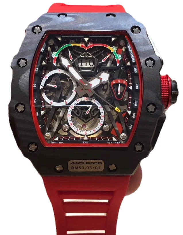 

New Black Men's Watch Automatic Mechanical Flyback Carbon Fiber Red Rubber Wristwatch