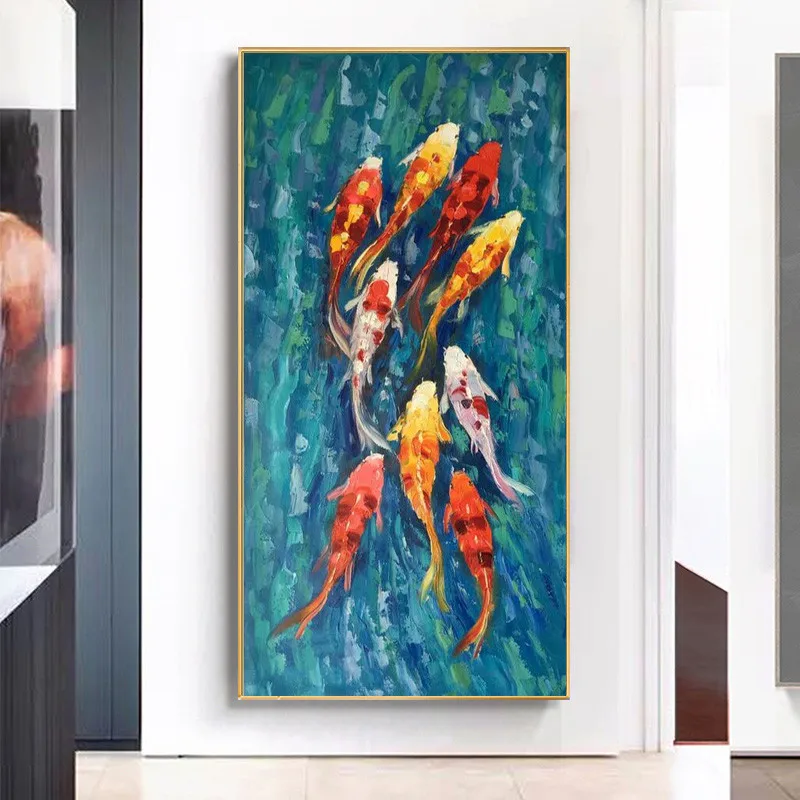 

Chinese Abstract Nine Koi Fish Landscape Painting on Canvas Poster Wall Art Living Room Decoration Home Decor Picture Cuadros