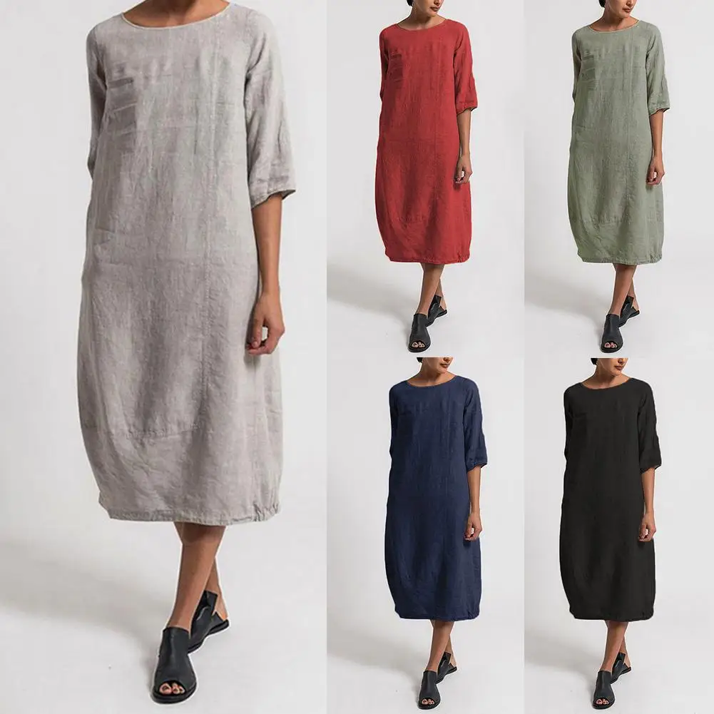

New 2020 Dress Vintage Summer Women Solid Color O Neck Half Sleeve Linen Soft Loose Midi Dress All Match Soft street wear