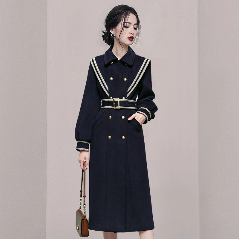 

2021 New Elegant Formal Work Dress Navy Stripe Lapel Slim Belt Thick Woolen Coat Long Dress Office Lady Work Dress