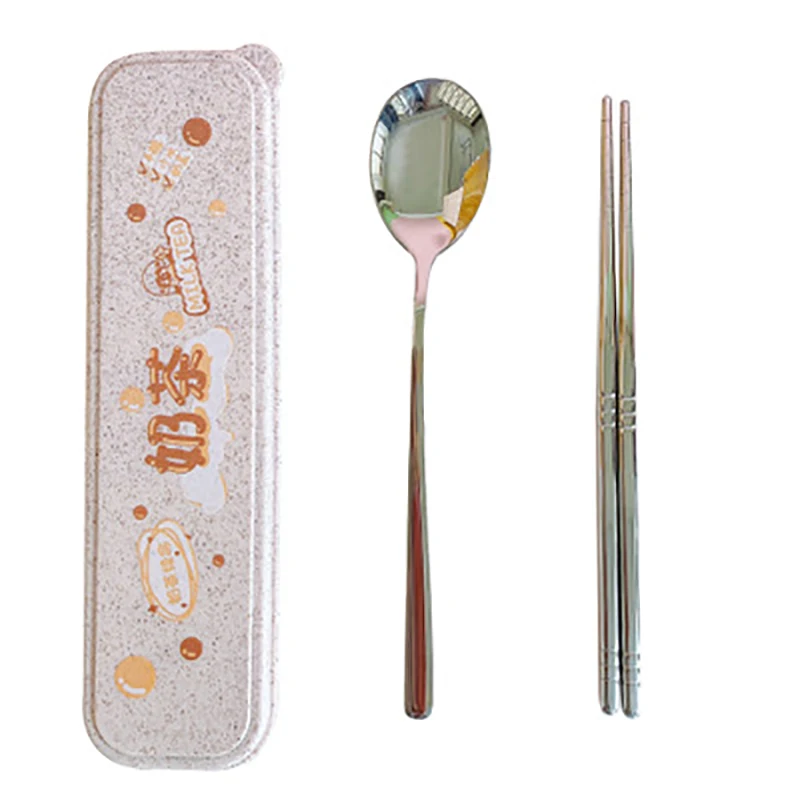 

Stainless Steel+Plastic Cutlery Set And Storage Box With Spoon, Chopsticks Cute Cartoons Travel Camping Cutlery Set Reusable
