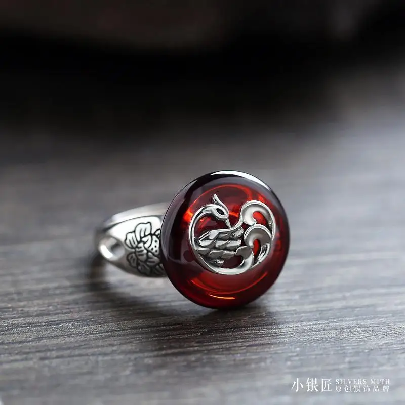 Natural red translucent garnet phoenix flower opening adjustable ring Chinese retro charm women's silver jewelry
